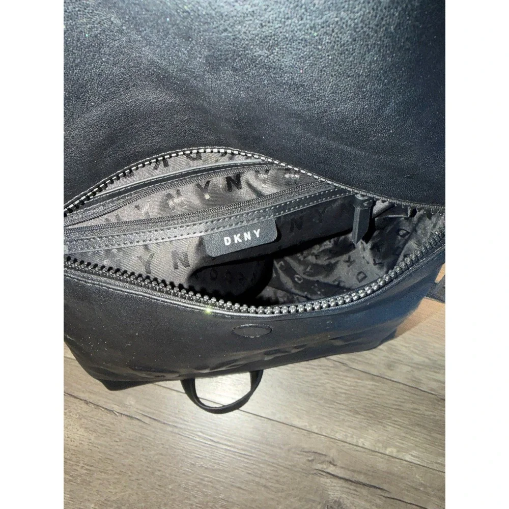 DKNY Black Faux Leather Foldover Roll Top‎ Backpack Flap Closure